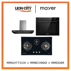 Mayer MMGH7731HI 76cm 3 Burner Glass Gas Hob   MMBCH900I Chimney Hood   MMDO8R 60 cm Built-in Oven with Smoke Ventilation