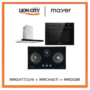 Mayer MMGH7731HI 76cm 3 Burner Glass Gas Hob   MMCH407I 90cm Chimney Hood   MMDO8R 60 cm Built-in Oven with Smoke Ventilation