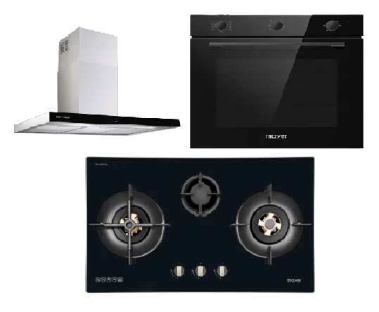 Mayer MMGH7731HI 76cm 3 Burner Glass Gas Hob   MMCH407I 90cm Chimney Hood   MMDO8R 60 cm Built-in Oven with Smoke Ventilation