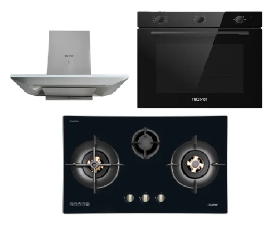 Mayer MMGH7731HI 76cm 3 Burner Glass Gas Hob   MMCH905 90cm Chimney Hood   MMDO8R 60 cm Built-in Oven with Smoke Ventilation