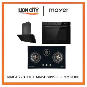 Mayer MMGH7731HI 76cm 3 Burner Glass Gas Hob   MMSH8099-L Angled Chimney Hood   MMDO8R 60 cm Built-in Oven with Smoke Ventilation