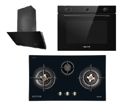 Mayer MMGH7731HI 76cm 3 Burner Glass Gas Hob   MMSH8099-L Angled Chimney Hood   MMDO8R 60 cm Built-in Oven with Smoke Ventilation