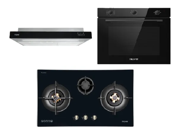 Mayer MMGH7731HI 76cm 3 Burner Glass Gas Hob   MMSI900LEDHS 90cm Semi-integrated Slimline Hood   MMDO8R 60 cm Built-in Oven with Smoke Ventilation
