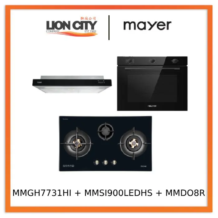 Mayer MMGH7731HI 76cm 3 Burner Glass Gas Hob   MMSI900LEDHS 90cm Semi-integrated Slimline Hood   MMDO8R 60 cm Built-in Oven with Smoke Ventilation