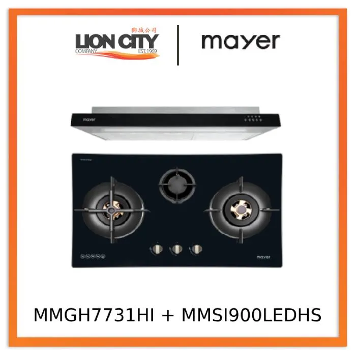 Mayer MMGH7731HI 76cm 3 Burner Glass Gas Hob   MMSI900LEDHS 90cm Semi-integrated Slimline Hood