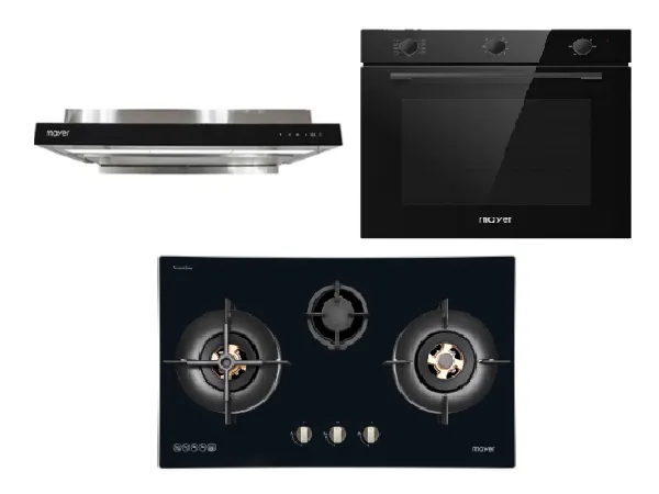 Mayer MMGH7731HI 76cm 3 Burner Glass Gas Hob   MMSI903OT Cm Semi-integrated Hood With Oil Tray   MMDO8R 60 cm Built-in Oven with Smoke Ventilation