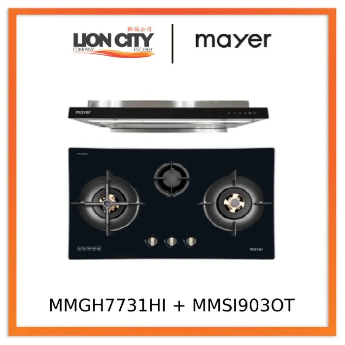 Mayer MMGH7731HI 76cm 3 Burner Glass Gas Hob   MMSI903OT Cm Semi-integrated Hood With Oil Tray
