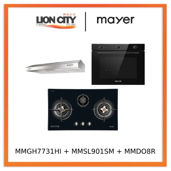 Mayer MMGH7731HI 76cm 3 Burner Glass Gas Hob   MMSL901SM 90 Cm Slimline Hood   MMDO8R 60 cm Built-in Oven with Smoke Ventilation