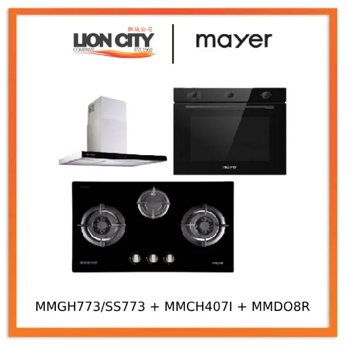 Mayer MMGH773/SS773 Built-In Gas Hob 3 Burners   MMCH407I 90cm Chimney Hood   MMDO8R 60 cm Built-in Oven with Smoke Ventilation