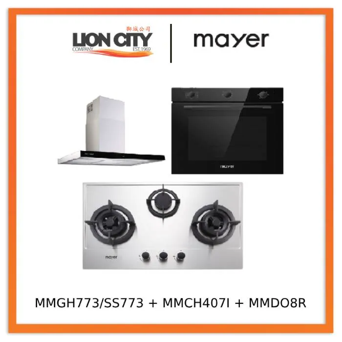 Mayer MMGH773/SS773 Built-In Gas Hob 3 Burners   MMCH407I 90cm Chimney Hood   MMDO8R 60 cm Built-in Oven with Smoke Ventilation