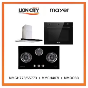 Mayer MMGH773/SS773 Built-In Gas Hob 3 Burners   MMCH407I 90cm Chimney Hood   MMDO8R 60 cm Built-in Oven with Smoke Ventilation