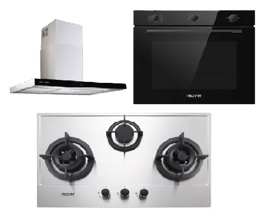 Mayer MMGH773/SS773 Built-In Gas Hob 3 Burners   MMCH407I 90cm Chimney Hood   MMDO8R 60 cm Built-in Oven with Smoke Ventilation