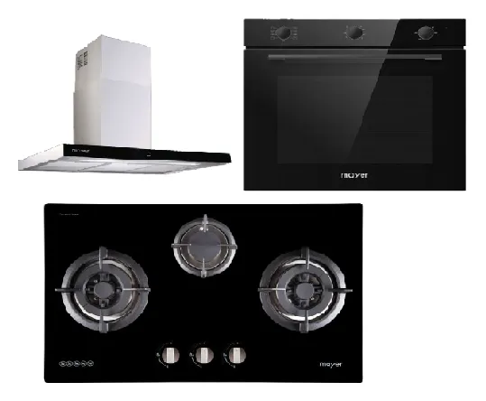 Mayer MMGH773/SS773 Built-In Gas Hob 3 Burners   MMCH407I 90cm Chimney Hood   MMDO8R 60 cm Built-in Oven with Smoke Ventilation