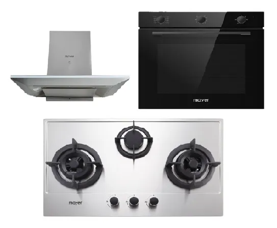 Mayer MMGH773/SS773 Built-In Gas Hob 3 Burners   MMCH905 90cm Chimney Hood   MMDO8R 60 cm Built-in Oven with Smoke Ventilation