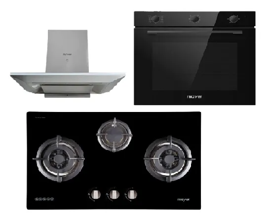 Mayer MMGH773/SS773 Built-In Gas Hob 3 Burners   MMCH905 90cm Chimney Hood   MMDO8R 60 cm Built-in Oven with Smoke Ventilation