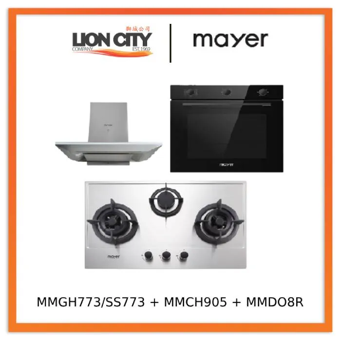 Mayer MMGH773/SS773 Built-In Gas Hob 3 Burners   MMCH905 90cm Chimney Hood   MMDO8R 60 cm Built-in Oven with Smoke Ventilation