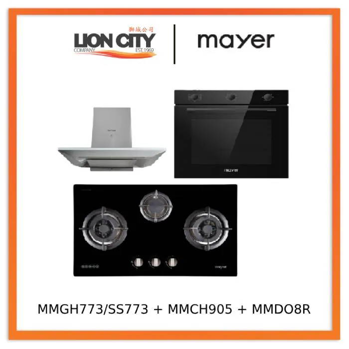 Mayer MMGH773/SS773 Built-In Gas Hob 3 Burners   MMCH905 90cm Chimney Hood   MMDO8R 60 cm Built-in Oven with Smoke Ventilation