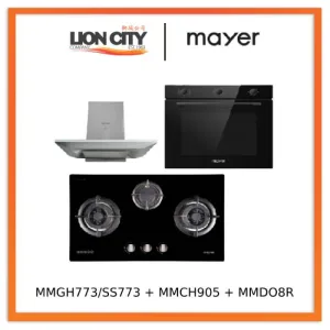 Mayer MMGH773/SS773 Built-In Gas Hob 3 Burners   MMCH905 90cm Chimney Hood   MMDO8R 60 cm Built-in Oven with Smoke Ventilation