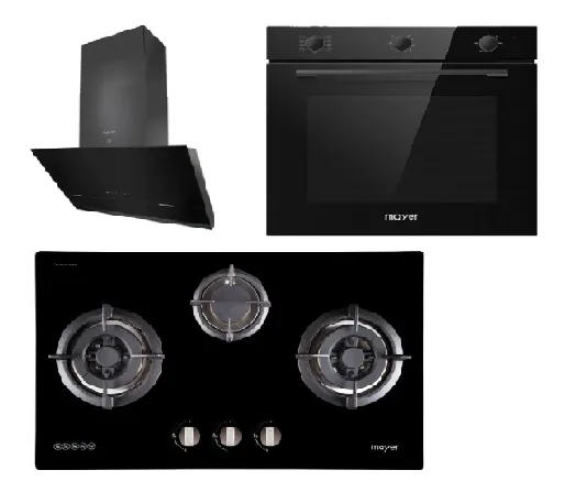Mayer MMGH773/SS773 Built-In Gas Hob 3 Burners   MMSH8099-L Angled Chimney Hood   MMDO8R 60 cm Built-in Oven with Smoke Ventilation