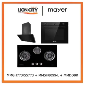 Mayer MMGH773/SS773 Built-In Gas Hob 3 Burners   MMSH8099-L Angled Chimney Hood   MMDO8R 60 cm Built-in Oven with Smoke Ventilation