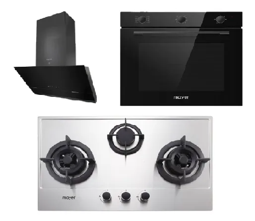 Mayer MMGH773/SS773 Built-In Gas Hob 3 Burners   MMSH8099-L Angled Chimney Hood   MMDO8R 60 cm Built-in Oven with Smoke Ventilation