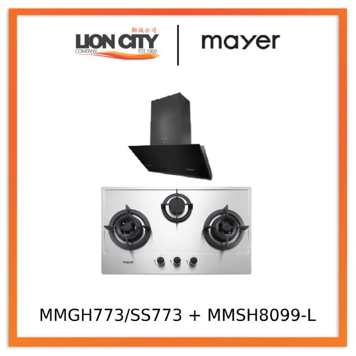 Mayer MMGH773/SS773 Built-In Gas Hob 3 Burners   MMSH8099-L Angled Chimney Hood