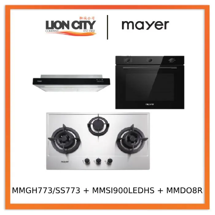 Mayer MMGH773/SS773 Built-In Gas Hob 3 Burners   MMSI900LEDHS 90cm Semi-integrated Slimline Hood   MMDO8R 60 cm Built-in Oven with Smoke Ventilation