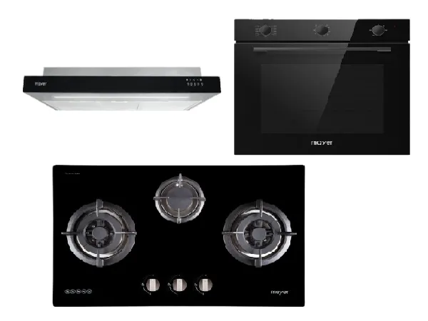 Mayer MMGH773/SS773 Built-In Gas Hob 3 Burners   MMSI900LEDHS 90cm Semi-integrated Slimline Hood   MMDO8R 60 cm Built-in Oven with Smoke Ventilation