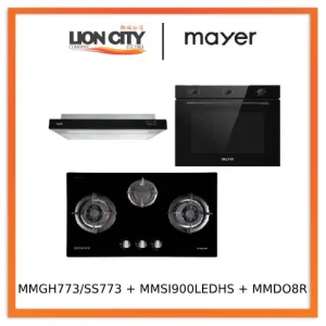 Mayer MMGH773/SS773 Built-In Gas Hob 3 Burners   MMSI900LEDHS 90cm Semi-integrated Slimline Hood   MMDO8R 60 cm Built-in Oven with Smoke Ventilation