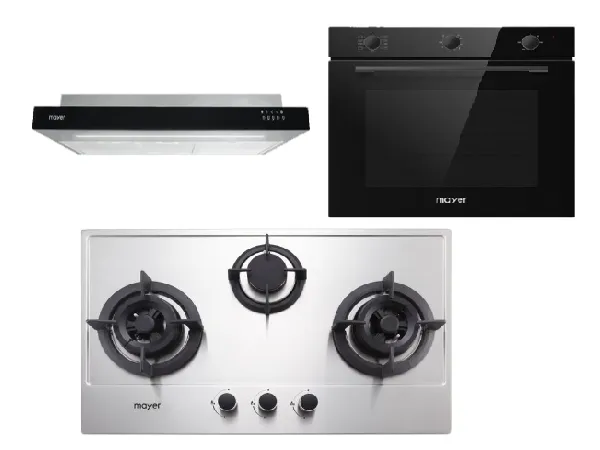 Mayer MMGH773/SS773 Built-In Gas Hob 3 Burners   MMSI900LEDHS 90cm Semi-integrated Slimline Hood   MMDO8R 60 cm Built-in Oven with Smoke Ventilation