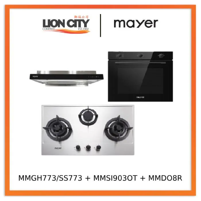 Mayer MMGH773/SS773 Built-In Gas Hob 3 Burners   MMSI903OT Cm Semi-integrated Hood With Oil Tray   MMDO8R 60 cm Built-in Oven with Smoke Ventilation