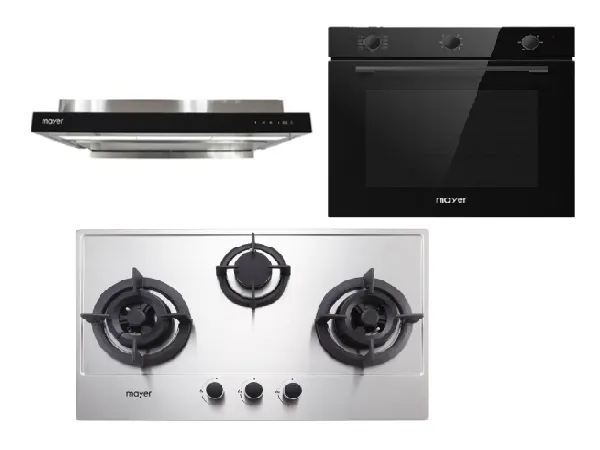 Mayer MMGH773/SS773 Built-In Gas Hob 3 Burners   MMSI903OT Cm Semi-integrated Hood With Oil Tray   MMDO8R 60 cm Built-in Oven with Smoke Ventilation