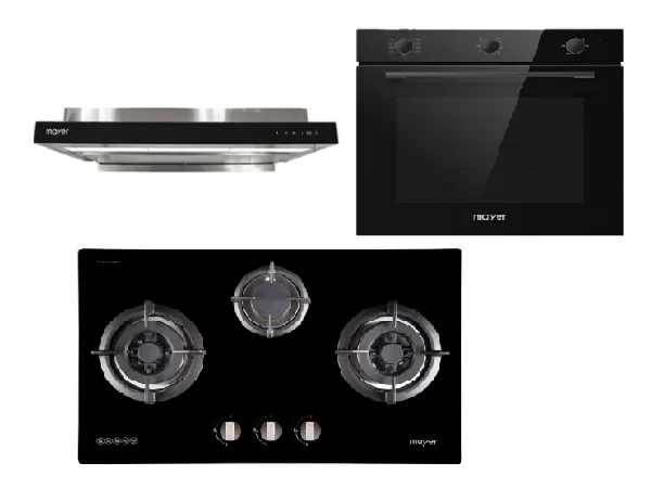 Mayer MMGH773/SS773 Built-In Gas Hob 3 Burners   MMSI903OT Cm Semi-integrated Hood With Oil Tray   MMDO8R 60 cm Built-in Oven with Smoke Ventilation