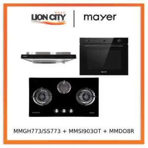 Mayer MMGH773/SS773 Built-In Gas Hob 3 Burners   MMSI903OT Cm Semi-integrated Hood With Oil Tray   MMDO8R 60 cm Built-in Oven with Smoke Ventilation