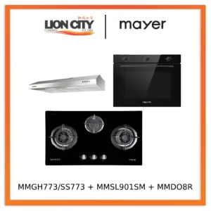 Mayer MMGH773/SS773 Built-In Gas Hob 3 Burners   MMSL901SM 90 Cm Slimline Hood   MMDO8R 60 cm Built-in Oven with Smoke Ventilation