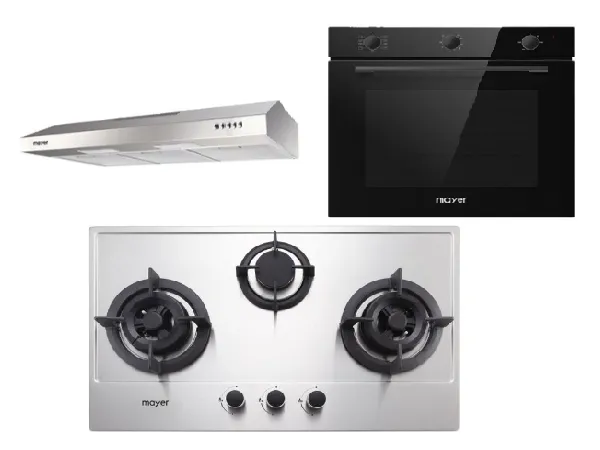 Mayer MMGH773/SS773 Built-In Gas Hob 3 Burners   MMSL901SM 90 Cm Slimline Hood   MMDO8R 60 cm Built-in Oven with Smoke Ventilation