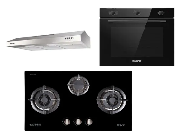 Mayer MMGH773/SS773 Built-In Gas Hob 3 Burners   MMSL901SM 90 Cm Slimline Hood   MMDO8R 60 cm Built-in Oven with Smoke Ventilation