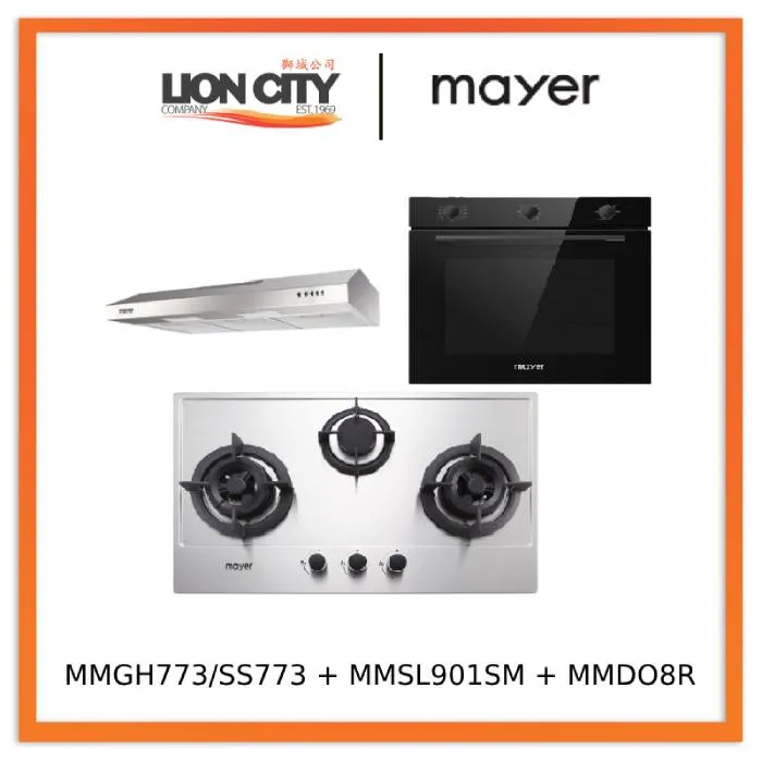Mayer MMGH773/SS773 Built-In Gas Hob 3 Burners   MMSL901SM 90 Cm Slimline Hood   MMDO8R 60 cm Built-in Oven with Smoke Ventilation