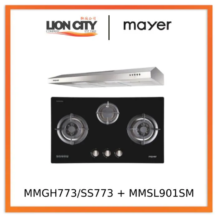Mayer MMGH773/SS773 Built-In Gas Hob 3 Burners   MMSL901SM 90 Cm Slimline Hood