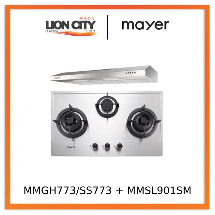 Mayer MMGH773/SS773 Built-In Gas Hob 3 Burners   MMSL901SM 90 Cm Slimline Hood