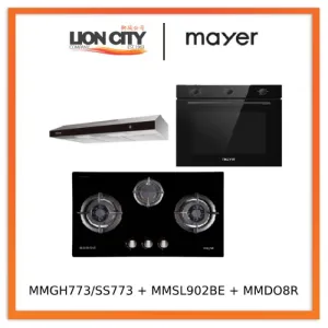 Mayer MMGH773/SS773 Built-In Gas Hob 3 Burners   MMSL902BE 90cm Slimline Hood   MMDO8R 60 cm Built-in Oven with Smoke Ventilation
