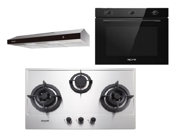 Mayer MMGH773/SS773 Built-In Gas Hob 3 Burners   MMSL902BE 90cm Slimline Hood   MMDO8R 60 cm Built-in Oven with Smoke Ventilation