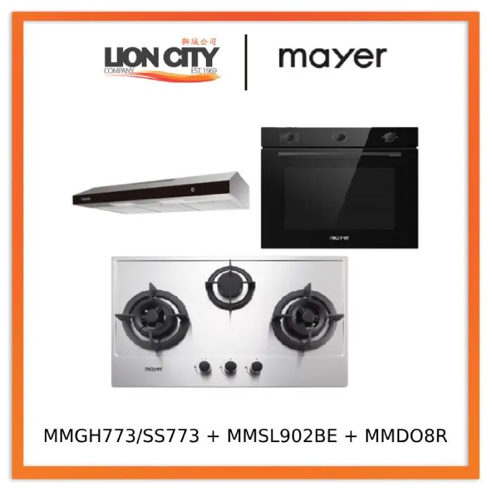 Mayer MMGH773/SS773 Built-In Gas Hob 3 Burners   MMSL902BE 90cm Slimline Hood   MMDO8R 60 cm Built-in Oven with Smoke Ventilation