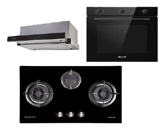 Mayer MMGH773/SS773 Built-In Gas Hob 3 Burners   MMTH90 Telescopic Hood (90CM)   MMDO8R 60 cm Built-in Oven with Smoke Ventilation