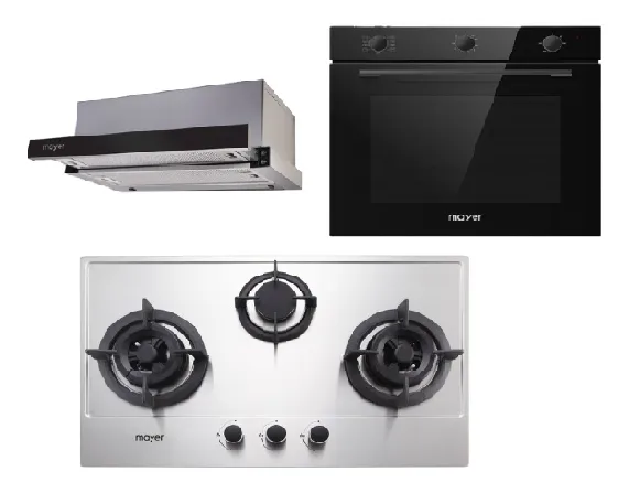 Mayer MMGH773/SS773 Built-In Gas Hob 3 Burners   MMTH90 Telescopic Hood (90CM)   MMDO8R 60 cm Built-in Oven with Smoke Ventilation