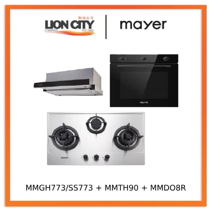 Mayer MMGH773/SS773 Built-In Gas Hob 3 Burners   MMTH90 Telescopic Hood (90CM)   MMDO8R 60 cm Built-in Oven with Smoke Ventilation