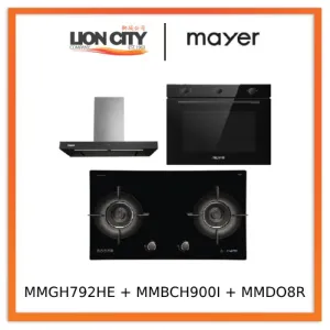 Mayer MMGH792HE 76cm 2 Burner Glass Gas Hob   MMBCH900I Chimney Hood   MMDO8R 60 cm Built-in Oven with Smoke Ventilation