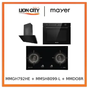 Mayer MMGH792HE 76cm 2 Burner Glass Gas Hob   MMSH8099-L Angled Chimney Hood   MMDO8R 60 cm Built-in Oven with Smoke Ventilation