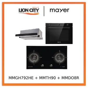Mayer MMGH792HE 76cm 2 Burner Glass Gas Hob   MMTH90 Telescopic Hood   MMDO8R 60 cm Built-in Oven with Smoke Ventilation