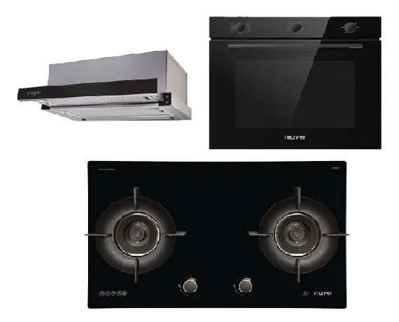 Mayer MMGH792HE 76cm 2 Burner Glass Gas Hob   MMTH90 Telescopic Hood   MMDO8R 60 cm Built-in Oven with Smoke Ventilation